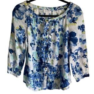 Charter Club Petite Blue Floral Linen Blouse Top 3/4 Sleeve Boat Neck P/P (S)